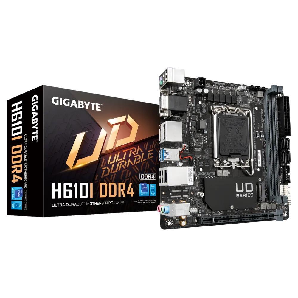 Мат. плата GIGABYTE H610I DDR4 (RTL) LGA1700 H610 PCI-E Dsub+HDMI+2xDP GbLAN SATA Mini-ITX 2DDR4 - фото 1 - id-p212727410