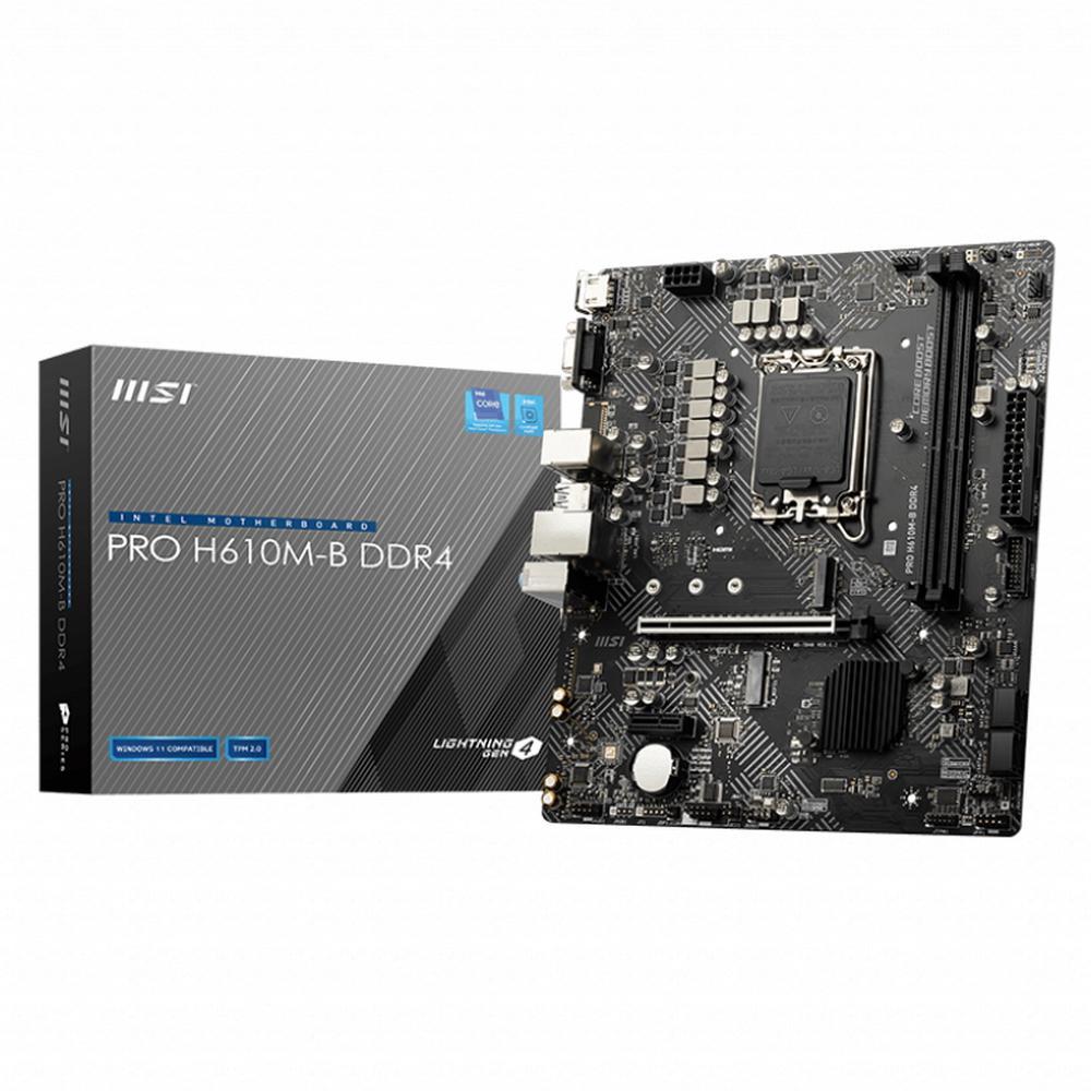 Мат. плата MSI PRO H610M-B DDR4 (RTL) LGA1700 H610 PCI-E Dsub+HDMI GbLAN SATA MicroATX 2DDR4 - фото 1 - id-p212723210