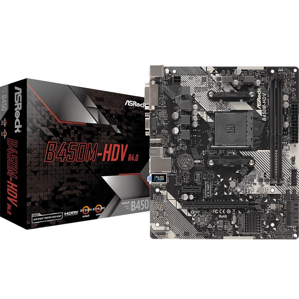 Мат. плата ASRock B450M-HDV R4.0 (RTL) AM4 B450 PCI-E Dsub+DVI+HDMI GbLAN SATA RAID MicroATX 2DDR4 - фото 1 - id-p203918348