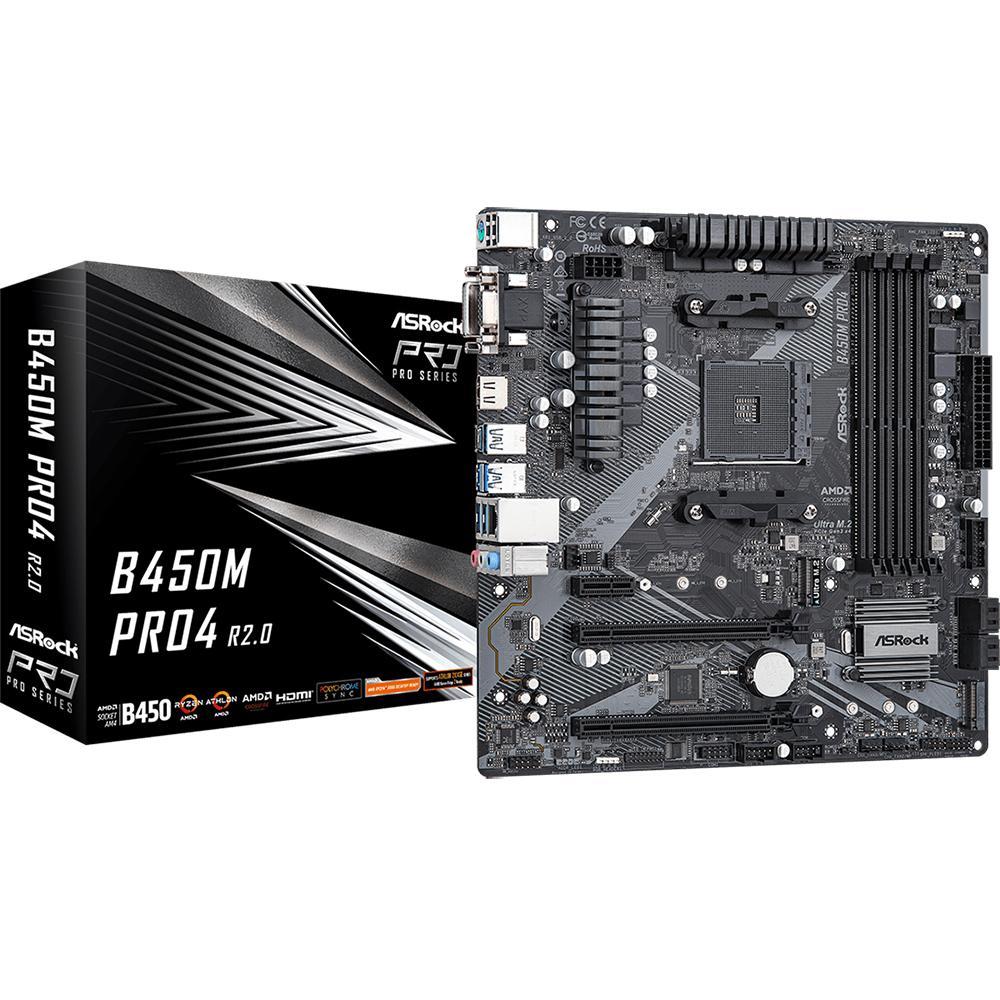 Материнская плата ASRock B450M PRO4 R2.0 (RTL) AM4 B450 2xPCI-E Dsub+DVI+HDMI GbLAN SATA RAID MicroATX 4DDR4 - фото 1 - id-p207719437