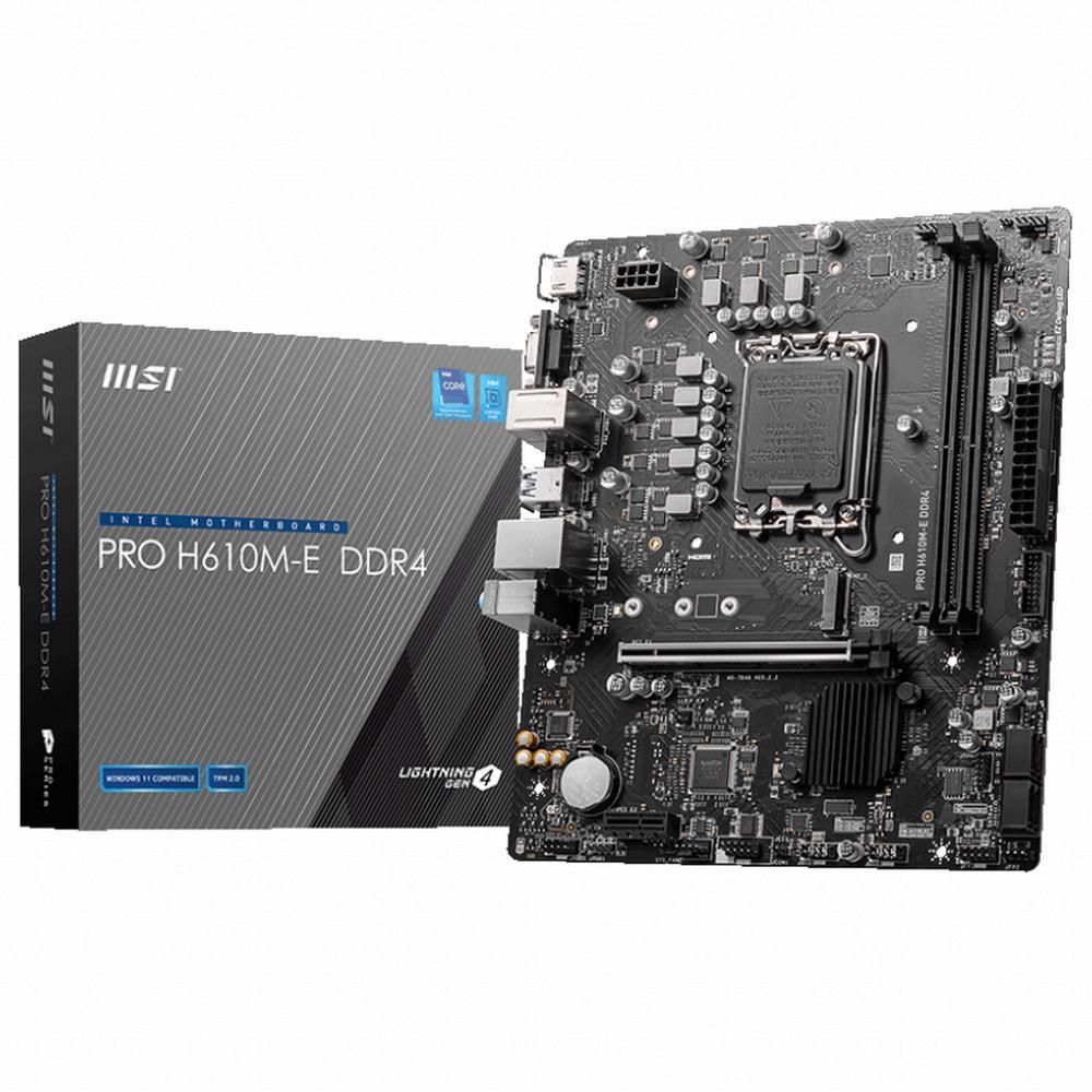 Мат. плата MSI PRO H610M-E DDR4 (RTL) LGA1700 H610 PCI-E Dsub+HDMI GbLAN SATA MicroATX 2DDR4 - фото 1 - id-p212725542