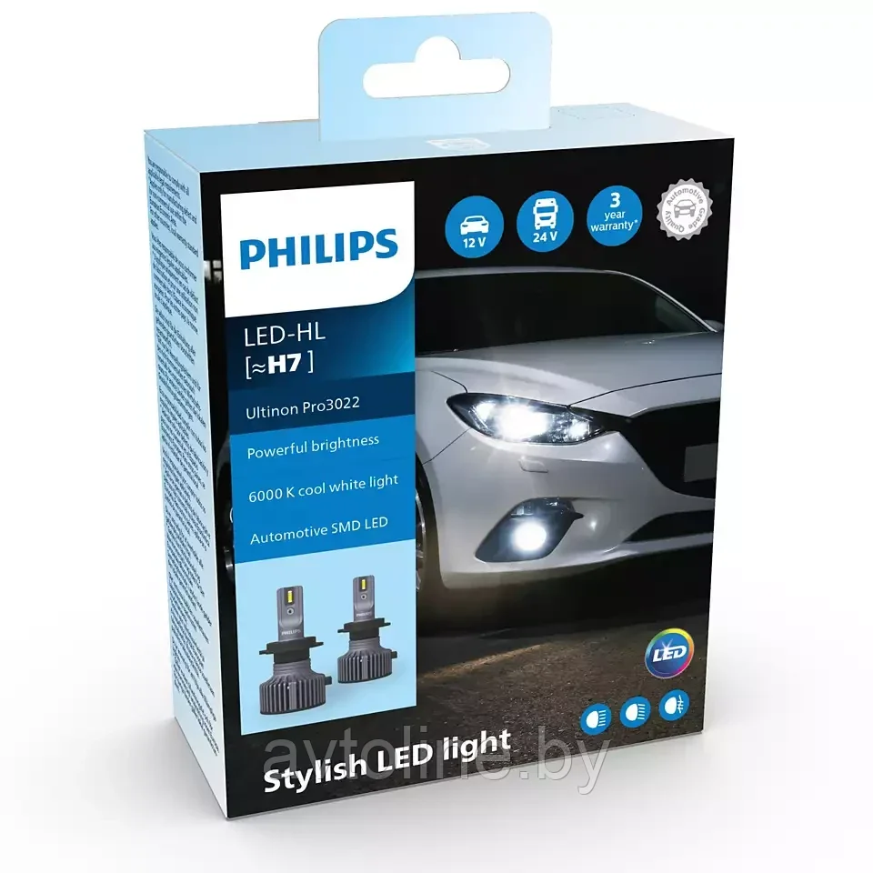 Лампа светодиодная H7 PHILIPS Ultinon Pro3022 6000К (к-т 2шт) 11972U3022X2