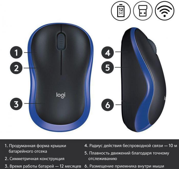 Мышь Logitech M185, оптическая, беспроводная, USB, черный и синий [910-002632] - фото 6 - id-p220107530
