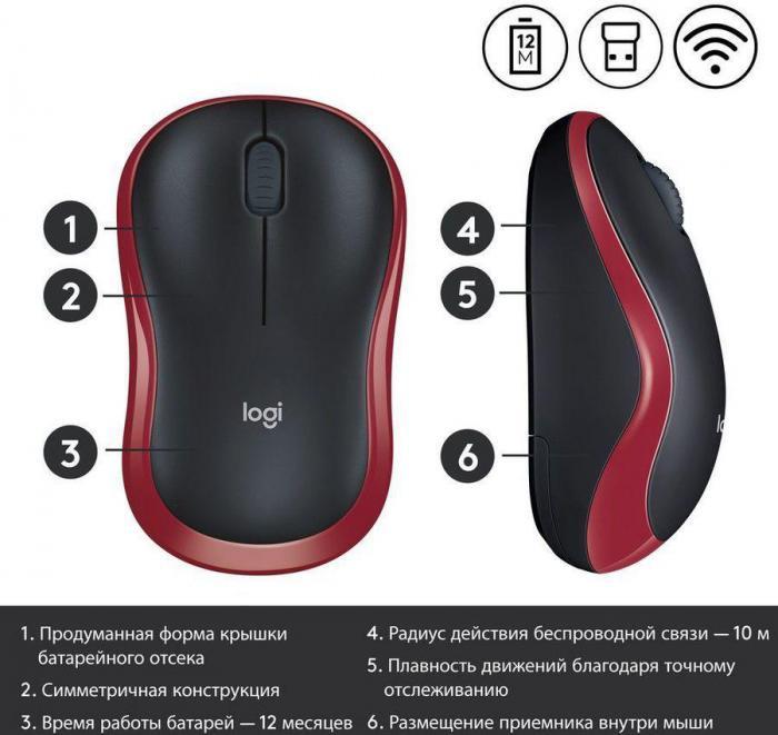 Мышь Logitech M185, оптическая, беспроводная, USB, черный и красный [910-002633] - фото 6 - id-p220107531