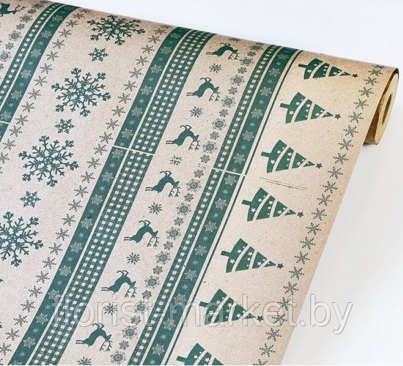 Крафт-бумага "Новогодние узоры", 63 см*10 м, зеленый