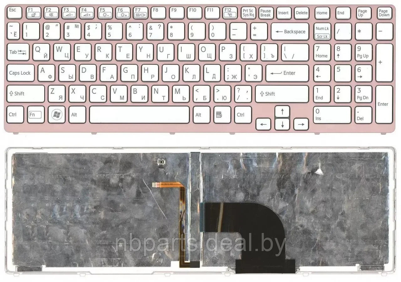 Клавиатура для ноутбука Sony SVE17, белая, с подсветкой, с розовой рамкой, RU - фото 1 - id-p194861285