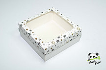 Коробка с прозрачным окном 200х200х80 Черно-золотые звезды (белое дно)