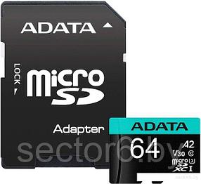 Карта памяти A-Data Premier Pro AUSDX64GUI3V30SA2-RA1 microSDXC 64GB (с адаптером)