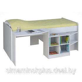 Кроватка-чердак детская Polini kids Simple со столом и полками 4000, цвет белый