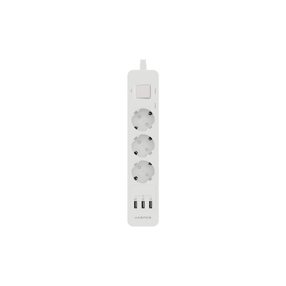 Harper Сетевой фильтр с USB зарядкой UCH-330 White (3 роз.,1,5м., 3 x USB (max 3.4A), 4000W) {H00002263} - фото 1 - id-p220273350