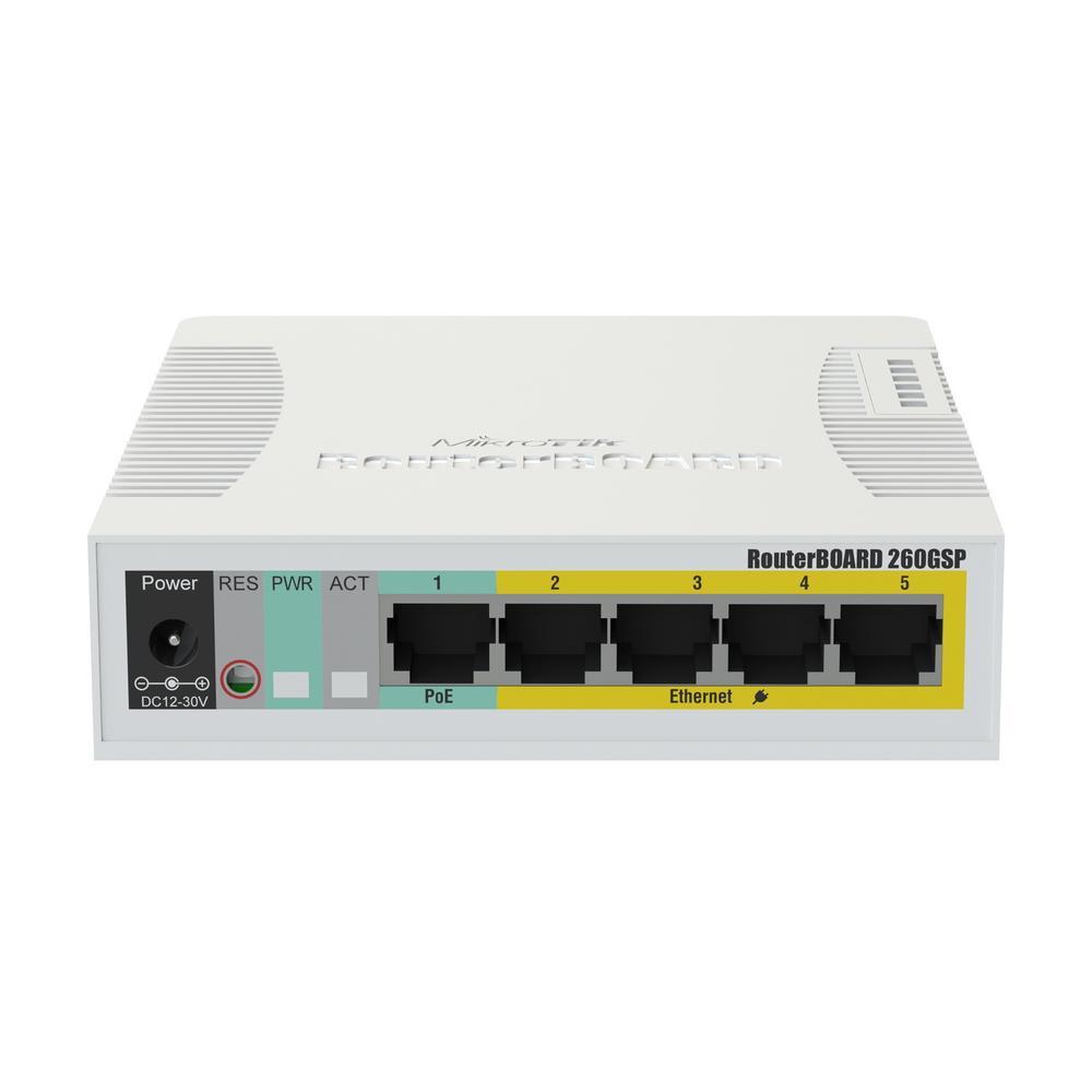 Коммутатор MikroTik RB260GSP with 5 Gigabit ports and SFP cage, SwOS, plastic case, PSU, POE-OUT - фото 1 - id-p215030043