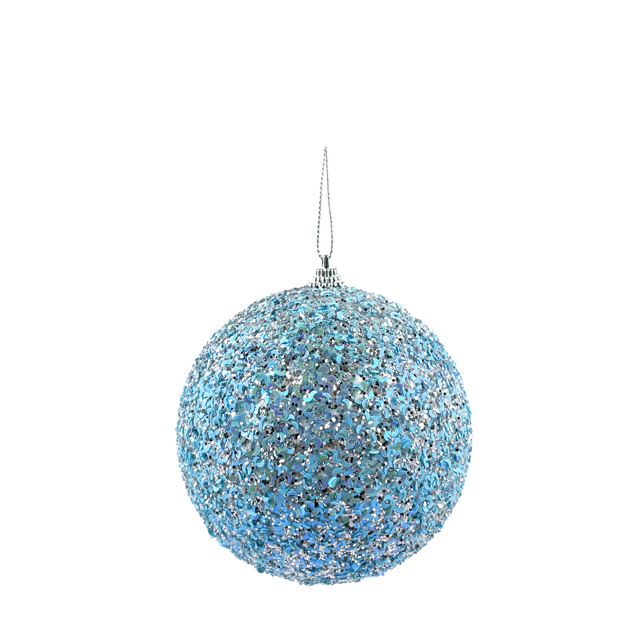 Елочная игрушка шар ø 10 см светло-голубой с блестками пенопласт (86868) - фото 1 - id-p220462087