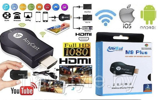 Медиаплеер ресивер WiFi в HDMI AnyCAST M9 Plus для просмотра видео со смартфона на Телевизор Display Dongle - фото 1 - id-p220471606