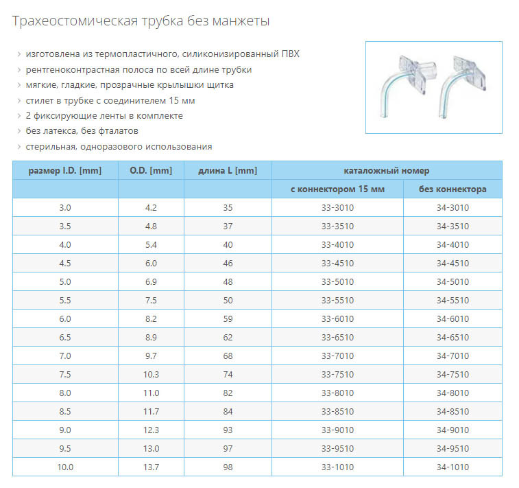 Трубка трахеостомическая без манжеты, 3,5 мм, арт. 33-3510 - фото 3 - id-p220472016