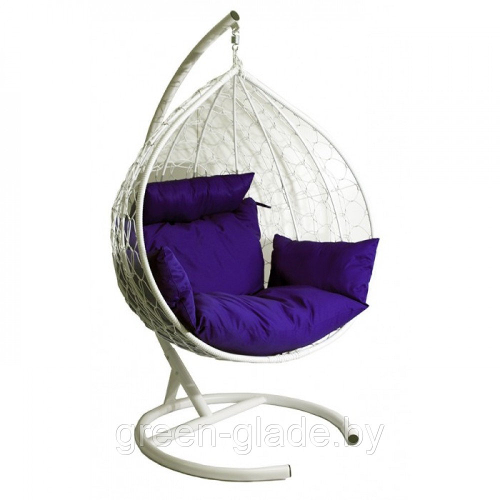 Двойное подвесное кресло МебельСад К107 ротанг белый подушка фиолетовая