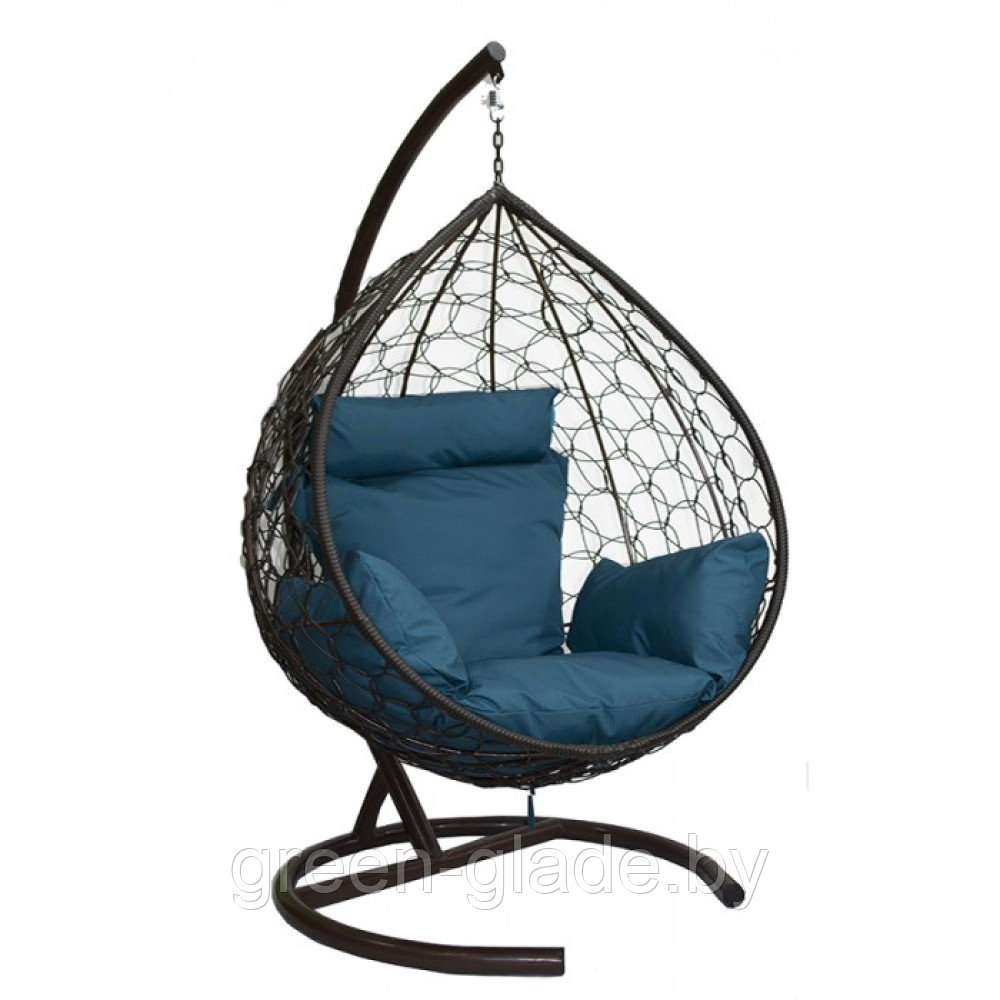 Двойное подвесное кресло МебельСад К306 ротанг каркас коричневый подушка морская волна