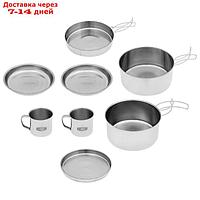 Набор посуды походный (2 кружки,2 миски,сковорода,2 кастрюли), нержавеющая сталь