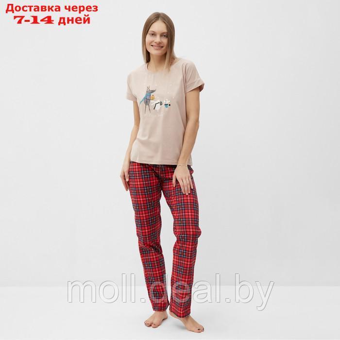 Комплект женский домашний (футболка, брюки), цвет бежевый/красный, размер 48