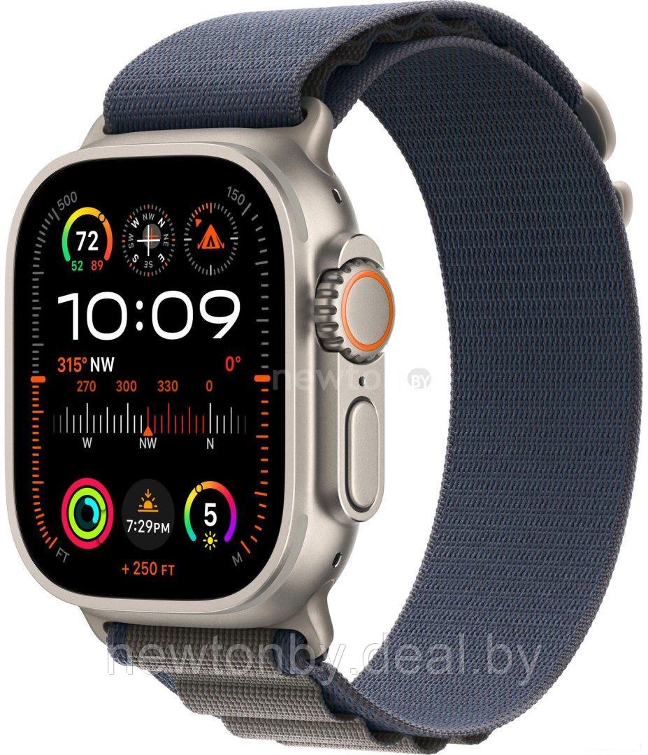 Умные часы Apple Watch Ultra 2 LTE 49 мм (титановый корпус, титановый/синий, текстильный ремешок размера L) - фото 1 - id-p220480795