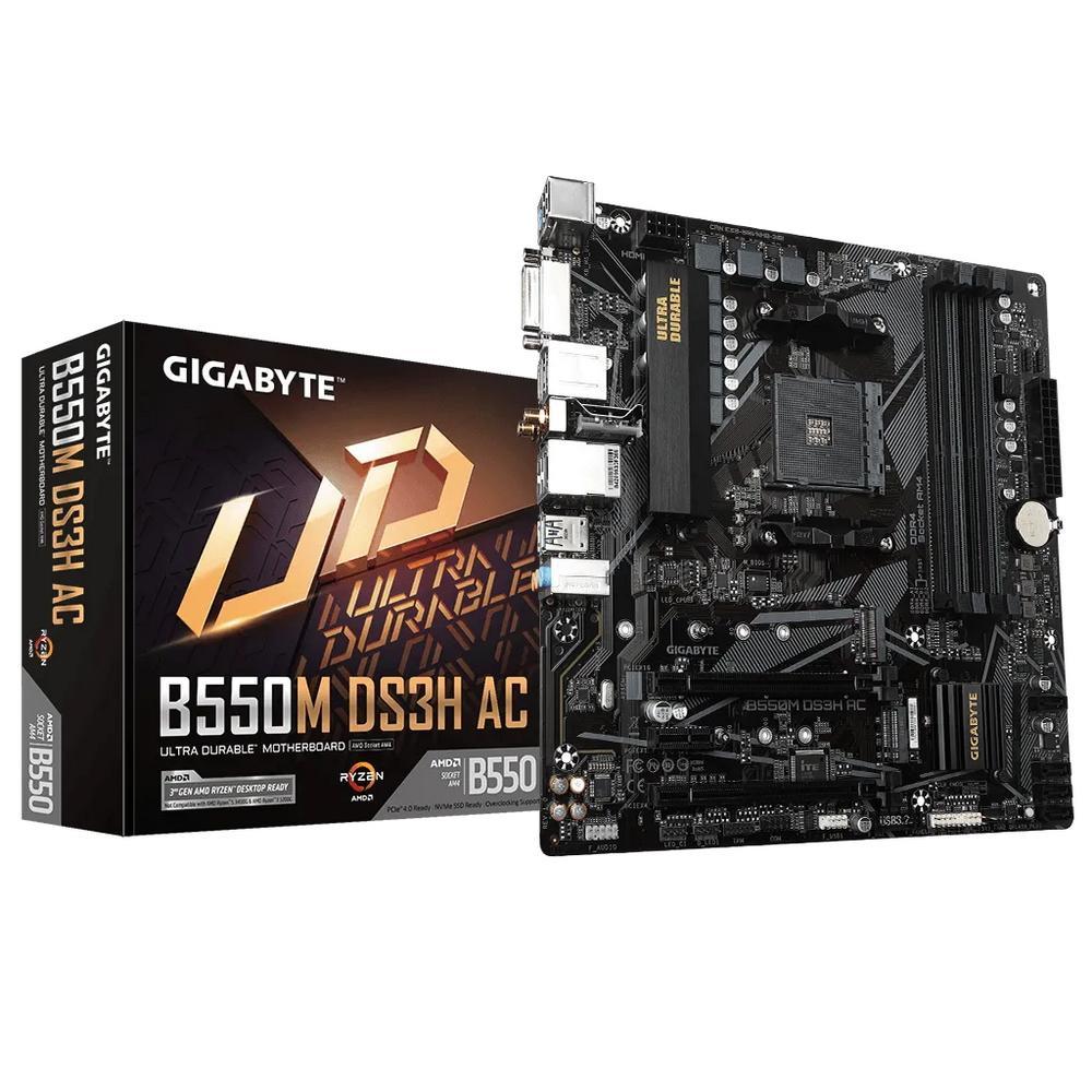 Материнская плата GIGABYTE B550M DS3H AC (RTL) AM4 B550 2xPCI-E DVI+HDMI GbLAN SATA RAID MicroATX 4DDR4 - фото 1 - id-p214267566