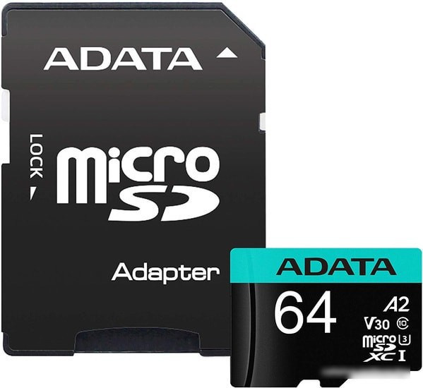 Карта памяти A-Data Premier Pro AUSDX64GUI3V30SA2-RA1 microSDXC 64GB (с адаптером) - фото 1 - id-p220488980