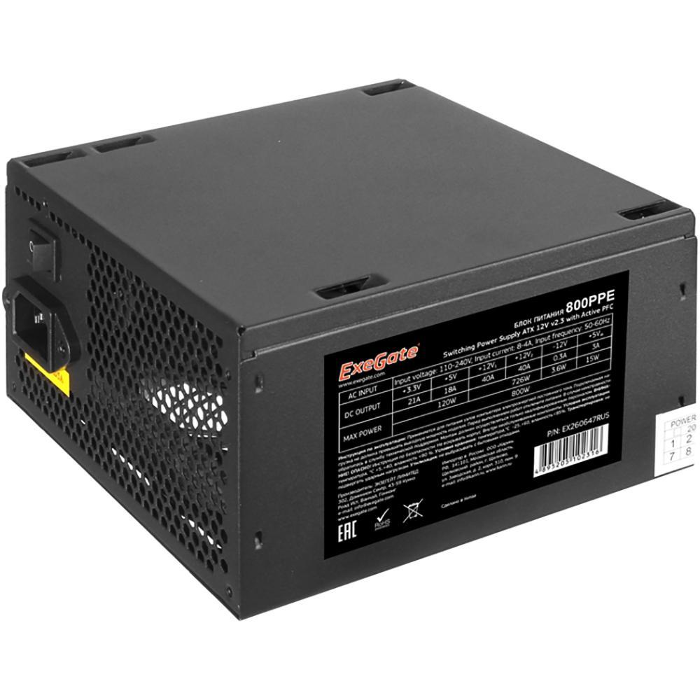 Блок питания 800W ExeGate 800PPE (ATX, APFC, 12cm fan, 24pin, (4+4)pin, PCIe, 5xSATA, 3xIDE, FDD, black) - фото 1 - id-p210227777