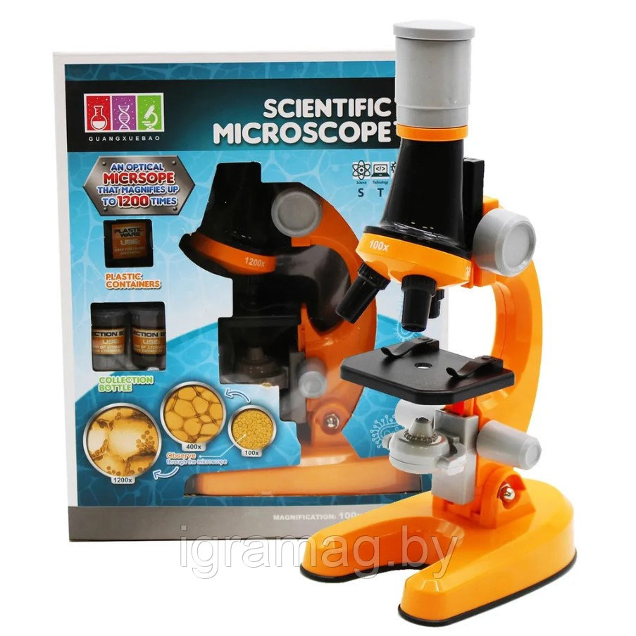 Микроскоп детский с аксессуарами 100/400/1200 с подсветкой оранжевый - фото 1 - id-p220539448