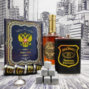 Подарочный набор Jack Daniels: фляжка 255 мл, 4 стопки и металлическая воронка M-39 Черный в золоте - фото 1 - id-p179627938