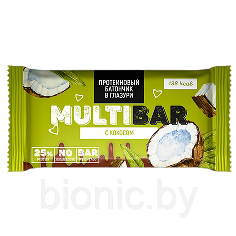 Батончик протеиновый в глазури MULTIBAR c кокосом без сахара 40 Г, фото 2