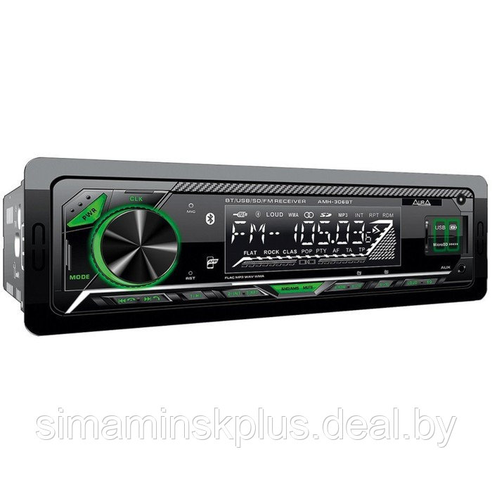 Автомагнитола AURA MP3/WMA AMH-306BT, Bluetooth, USB/micro SD, FLAC, iOS, Android, зелёная 1028849 - фото 1 - id-p220649256