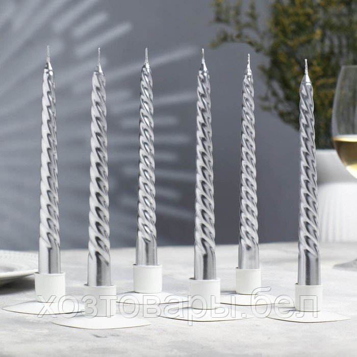 Набор свечей витых, 1,9х 20 см, 6 штук, серебряный металлик - фото 1 - id-p220681520