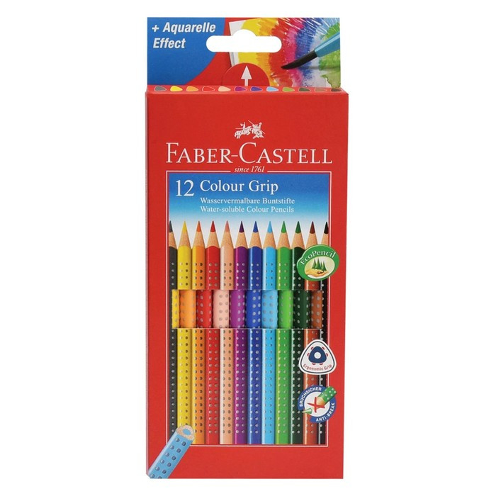 Карандаши акварельные 12 цветов Faber-Castell Grip 2001 7/3.3 мм, трёхгранный корпус с массажными шашечками - фото 2 - id-p220696338