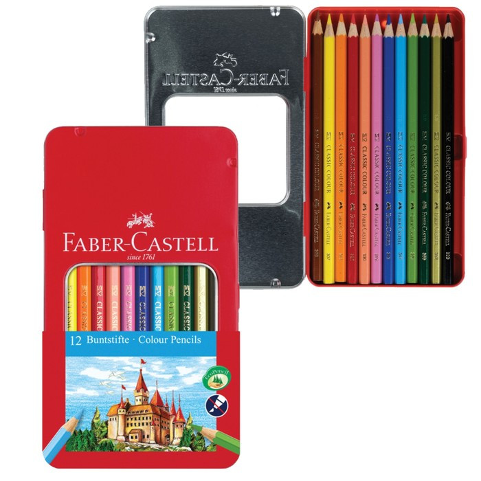 Карандаши цветные Faber-Castell "Замок", 12 цветов, шестигранные, заточенные, в металлической коробке - фото 1 - id-p220696354
