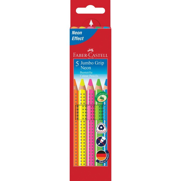 Карандаши цветные Faber-Castell Jumbo Grip Neon 5 цветов. неоновые, трехгранные, утолщенные, заточенные, в - фото 1 - id-p220696355