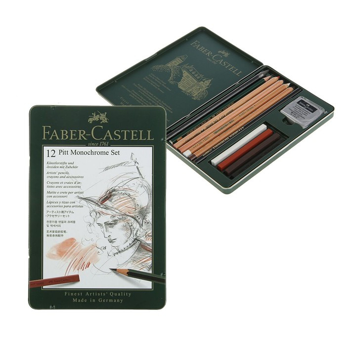 Карандаши художественные (набор) Faber-Castell PITT Monochrome, 12 штук, в металлической коробке - фото 1 - id-p220700251