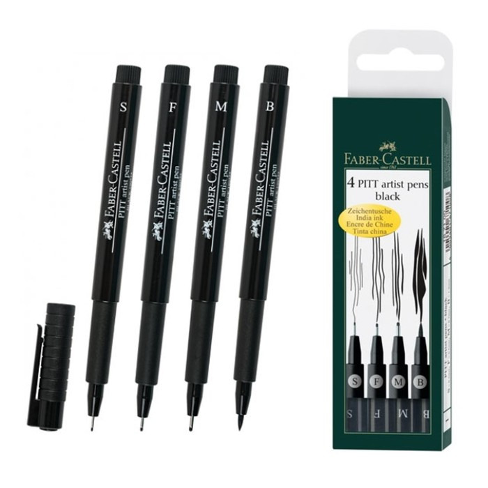 Набор ручек капиллярных 4 штуки (линеры S, F, M; кисть B), Faber-Castell PITT® Artist Pen, цвет черный - фото 1 - id-p220700259