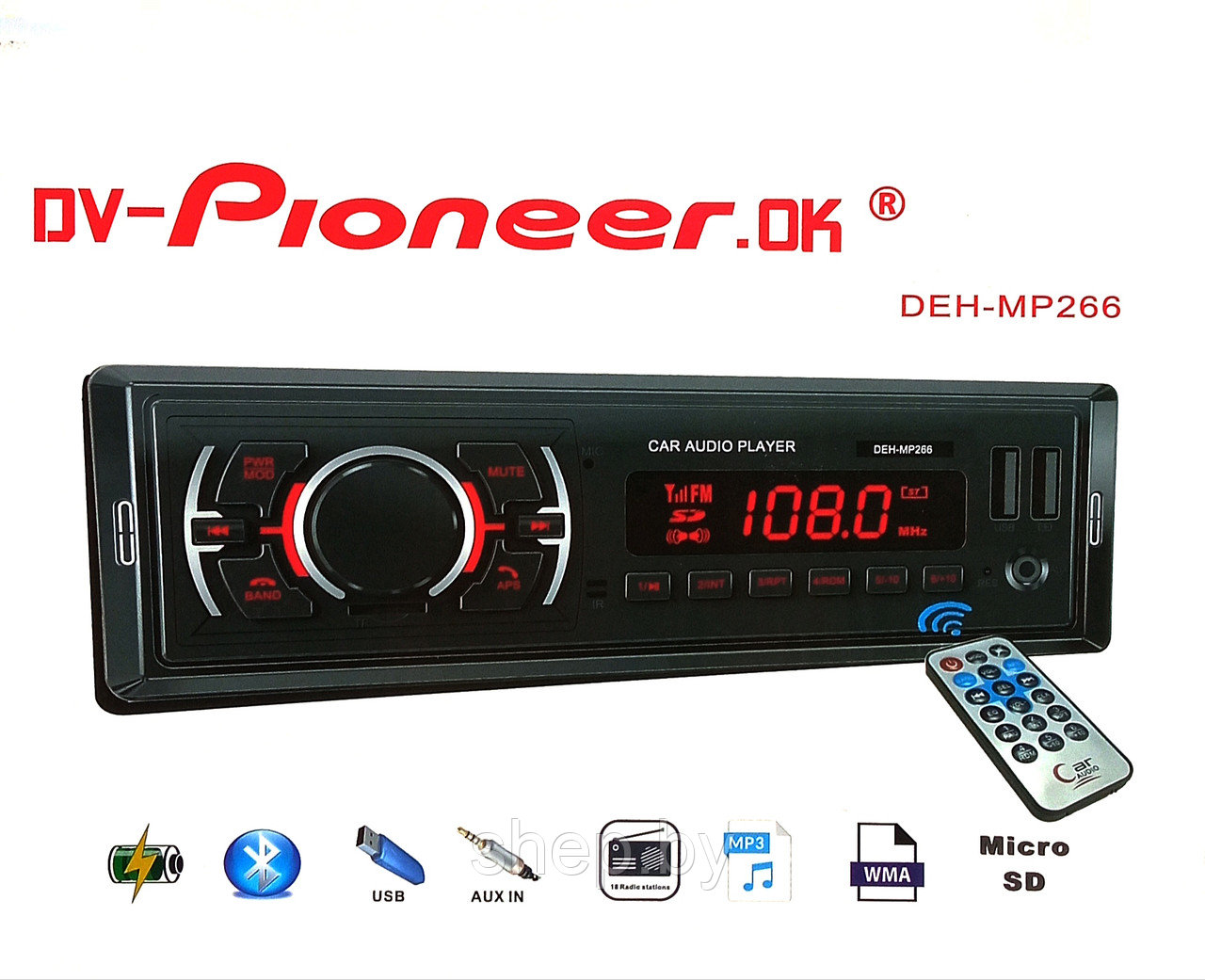Автомагнитола DV-Pioneer.OK DEH-MP266 (New) BT, LED, MP3/2 USB/TF/FM/AM, AUX, RCA пульт