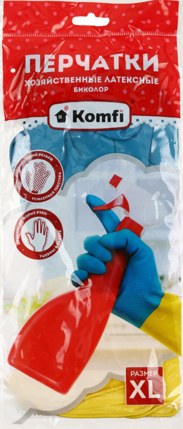 Перчатки латексные хозяйственные Komfi «Биколор» размер XL, сине-желтые - фото 2 - id-p220717606