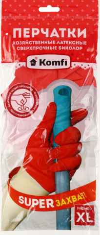 Перчатки латексные хозяйственные сверхпрочные Komfi «Биколор» размер XL, бело-красные - фото 1 - id-p220717610