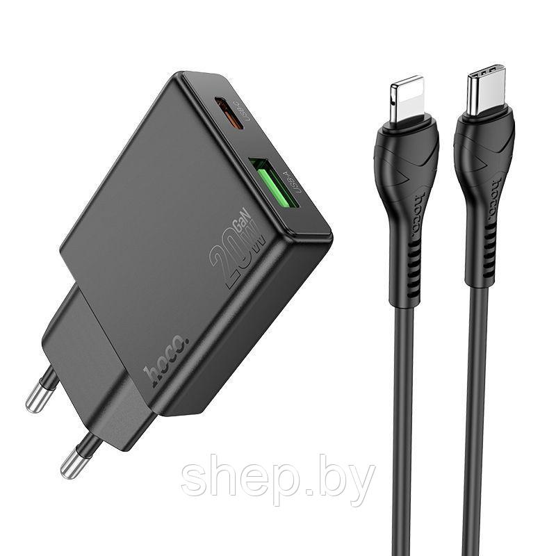Сетевое зарядное устройство Hoco N38 (PD20W+QC3.0 + кабель Type-C в iP) цвет: черный - фото 1 - id-p220730105