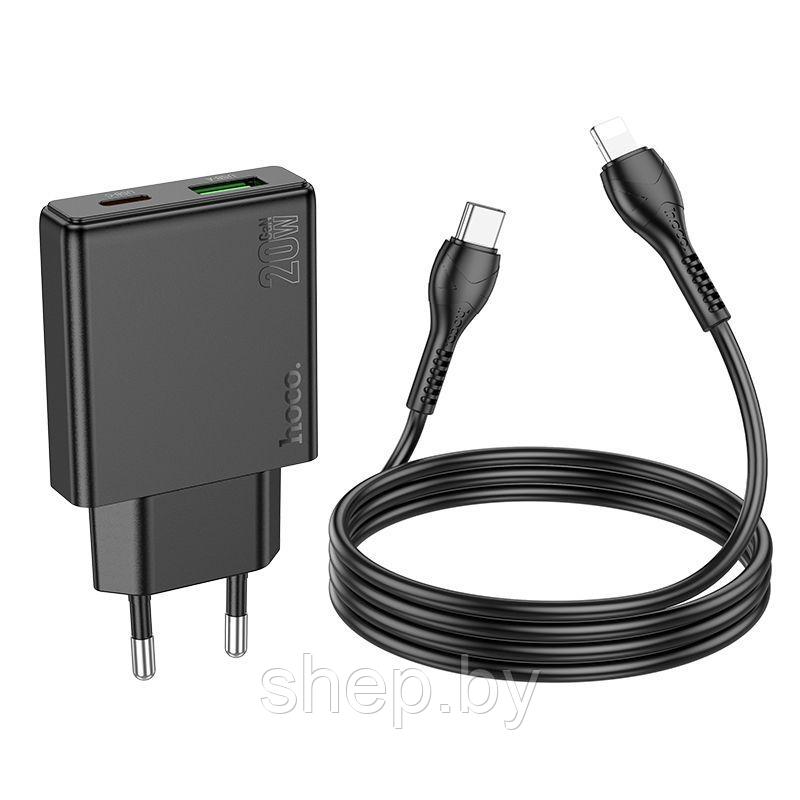 Сетевое зарядное устройство Hoco N38 (PD20W+QC3.0 + кабель Type-C в iP) цвет: черный - фото 2 - id-p220730105
