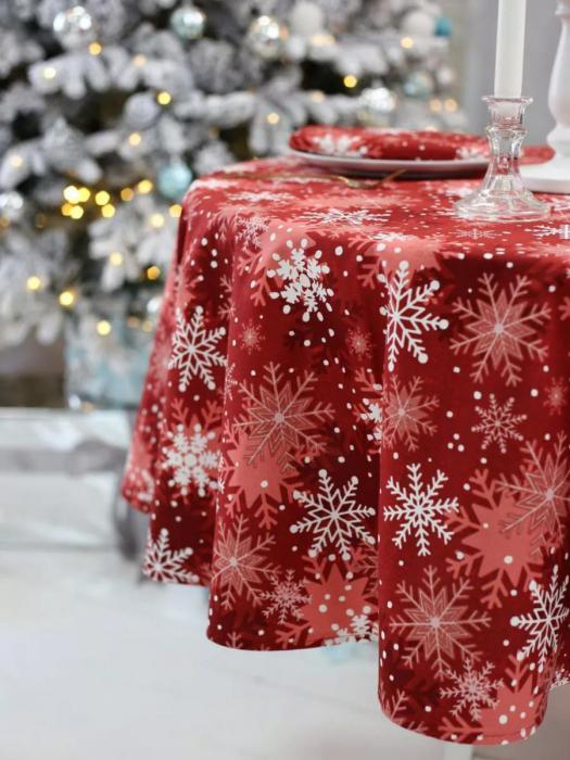Скатерть новогодняя овальная водоотталкивающая с пропиткой на стол тканевая хлопок снежинки красная - фото 4 - id-p220733429