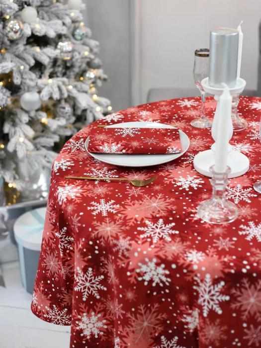 Скатерть новогодняя овальная водоотталкивающая с пропиткой на стол тканевая хлопок снежинки красная - фото 9 - id-p220733429