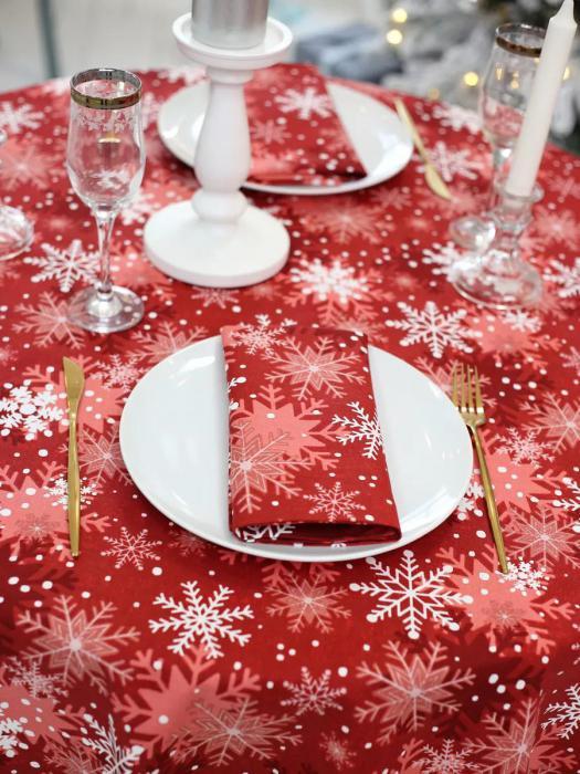 Скатерть новогодняя овальная водоотталкивающая с пропиткой на стол тканевая хлопок снежинки красная - фото 10 - id-p220733607