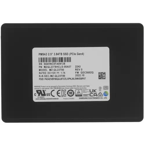 Твердотельный накопитель Samsung Enterprise SSD MZQL23T8HCLS-00A07, 2.5"(SFF/U.2), PM9A3, 3840GB, NVMe/PCIE - фото 1 - id-p212708738