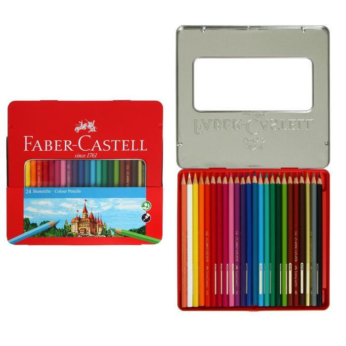 Карандаши 24 цвета Faber-Castell "Замок", шестигранный корпус, заточенные, в металлической коробке - фото 1 - id-p220744993