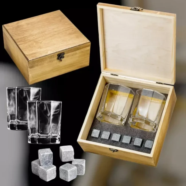 Подарочный набор для виски в деревянной шкатулке с камнями AmiroTrend ABW-101 - фото 1 - id-p203151259