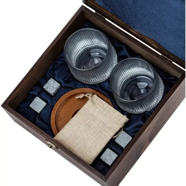 Подарочный набор с камнями для виски в деревянной шкатулке (крутящиеся бокалы с деревянной подставкой) - фото 2 - id-p220747191