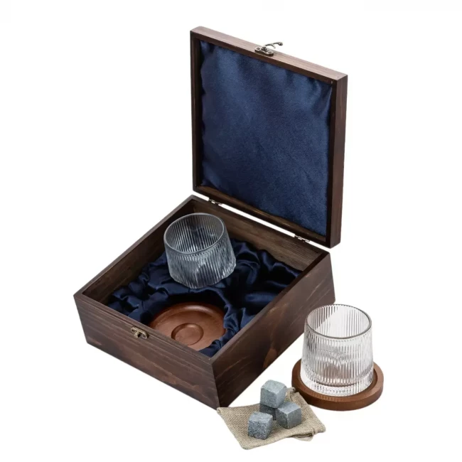 Подарочный набор с камнями для виски в деревянной шкатулке (крутящиеся бокалы с деревянной подставкой) - фото 1 - id-p220747191