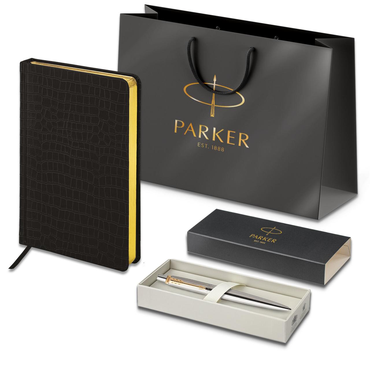 Подарочный набор ручка шариковая PARKER "Jotter Core Stainless Steel GT"+ ежедневник А5 черный, пакет (880887) - фото 1 - id-p220749674